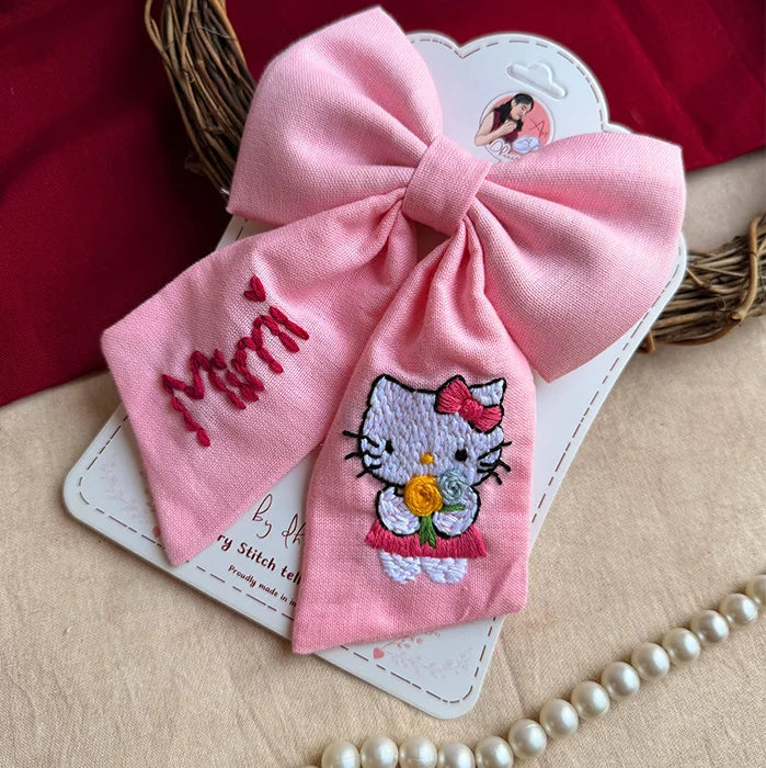 Pink Mimi Personalized Hand-Embroidered Bow for Girls | Character-Inspired Hair Accessory