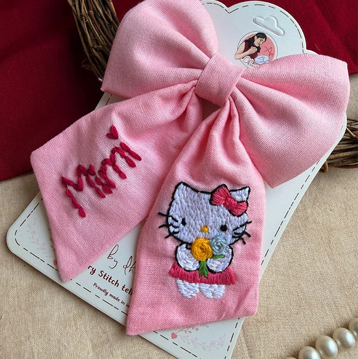 Pink Mimi Personalized Hand-Embroidered Bow for Girls | Character-Inspired Hair Accessory
