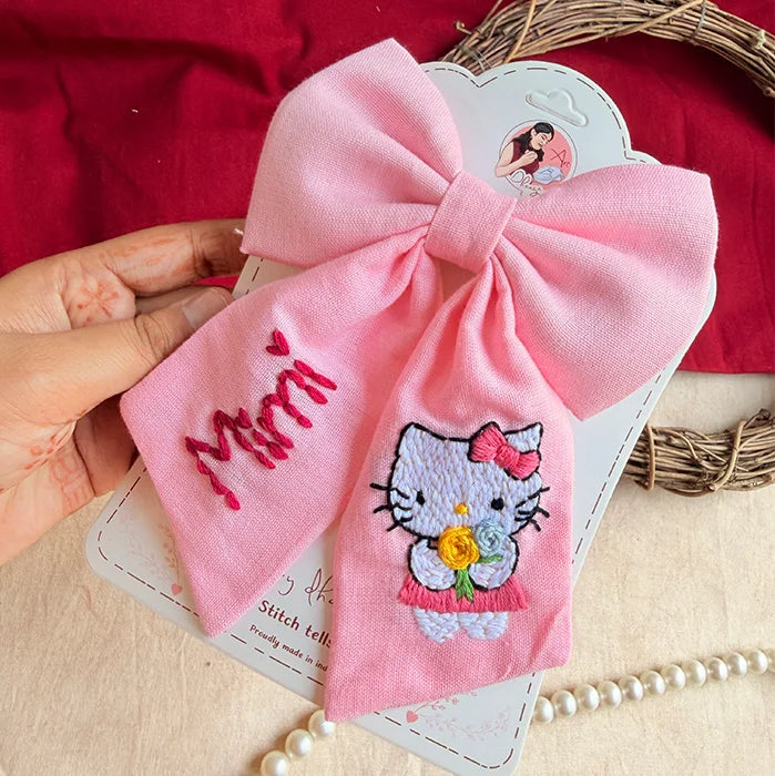 Pink Mimi Personalized Hand-Embroidered Bow for Girls | Character-Inspired Hair Accessory