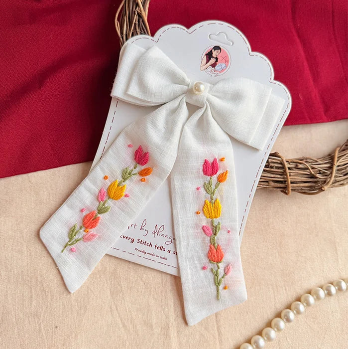 Tidal Petals – Hand-Embroidered White Floral Bow for Girls