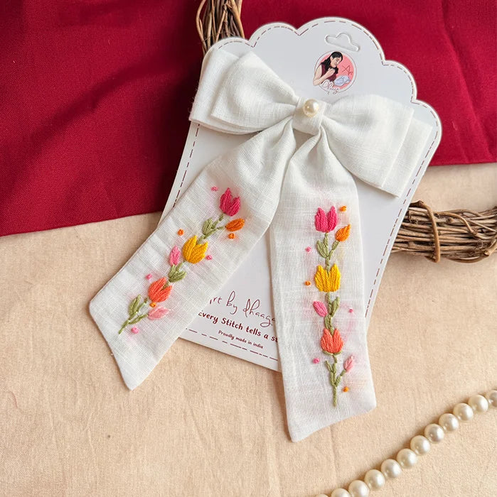 Tidal Petals – Hand-Embroidered White Floral Bow for Girls