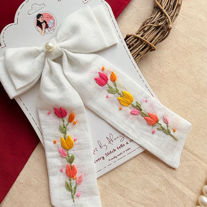 Tidal Petals – Hand-Embroidered White Floral Bow for Girls