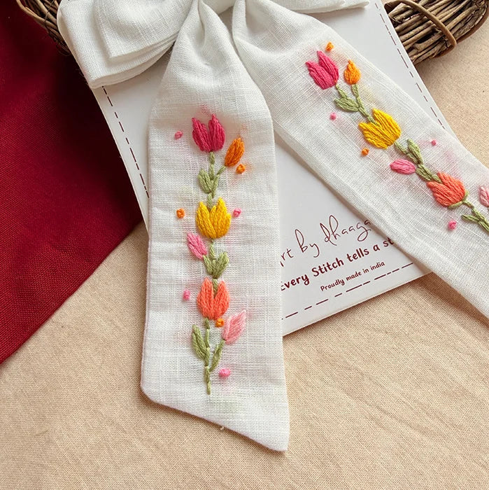 Tidal Petals – Hand-Embroidered White Floral Bow for Girls