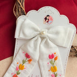 Tidal Petals – Hand-Embroidered White Floral Bow for Girls