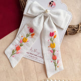 Tidal Petals – Hand-Embroidered White Floral Bow for Girls