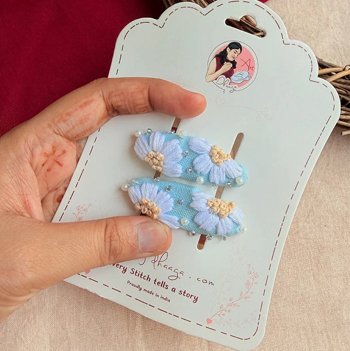 Seafoam Tic Tac Hair Clips – Hand-Embroidered Floral Clips for Girls
