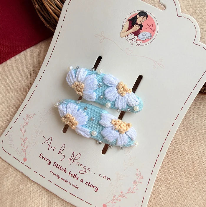 Seafoam Tic Tac Hair Clips – Hand-Embroidered Floral Clips for Girls