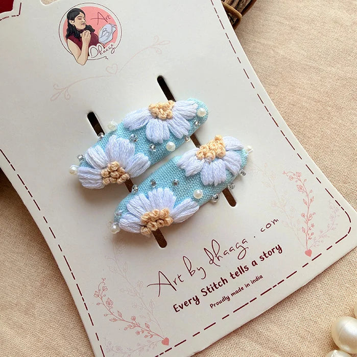 Seafoam Tic Tac Hair Clips – Hand-Embroidered Floral Clips for Girls