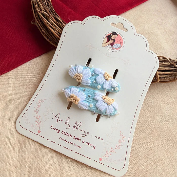 Seafoam Tic Tac Hair Clips – Hand-Embroidered Floral Clips for Girls