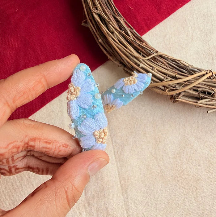 Seafoam Tic Tac Hair Clips – Hand-Embroidered Floral Clips for Girls