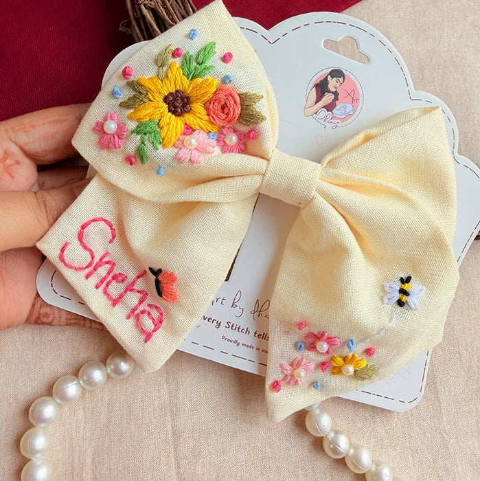 Buttercup Hand-Embroidered Hair Bow for Girls – Personalized Floral Bow