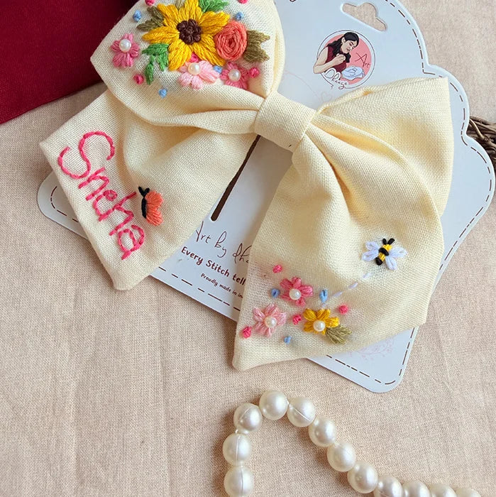 Buttercup Hand-Embroidered Hair Bow for Girls – Personalized Floral Bow