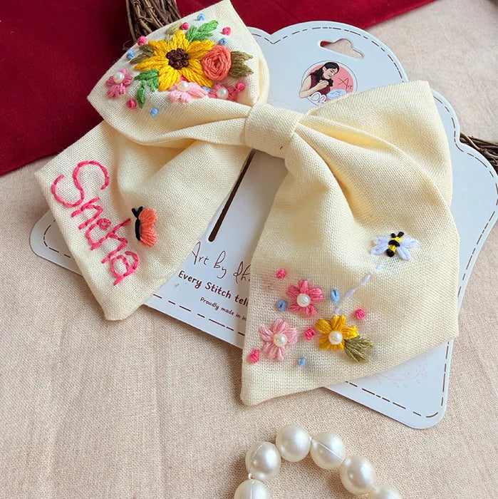 Buttercup Hand-Embroidered Hair Bow for Girls – Personalized Floral Bow