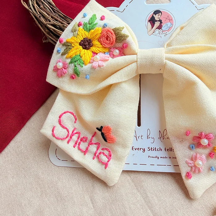 Buttercup Hand-Embroidered Hair Bow for Girls – Personalized Floral Bow