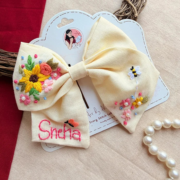 Buttercup Hand-Embroidered Hair Bow for Girls – Personalized Floral Bow