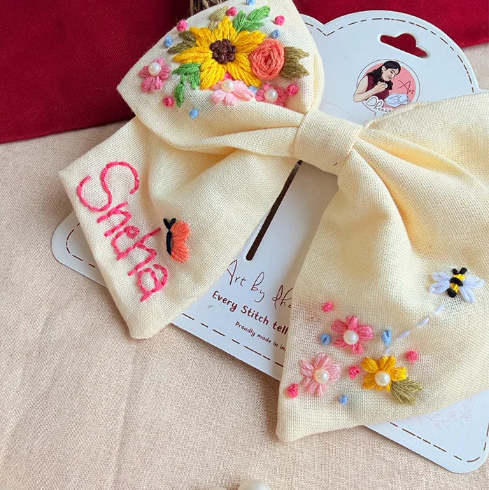 Buttercup Hand-Embroidered Hair Bow for Girls – Personalized Floral Bow
