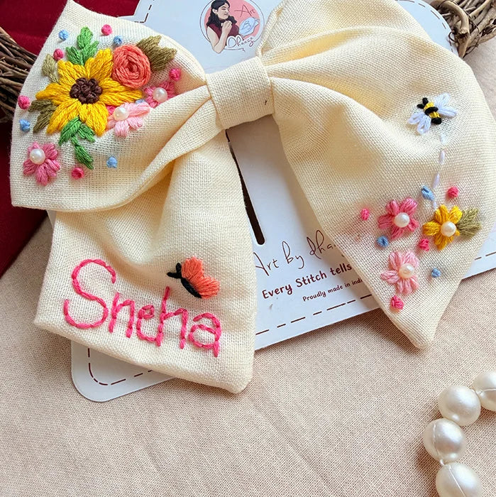 Buttercup Hand-Embroidered Hair Bow for Girls – Personalized Floral Bow