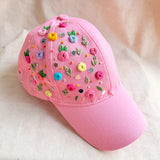 Mirror Magic Cap – Hand-Embroidered Floral Pink Cap with Mirror Work