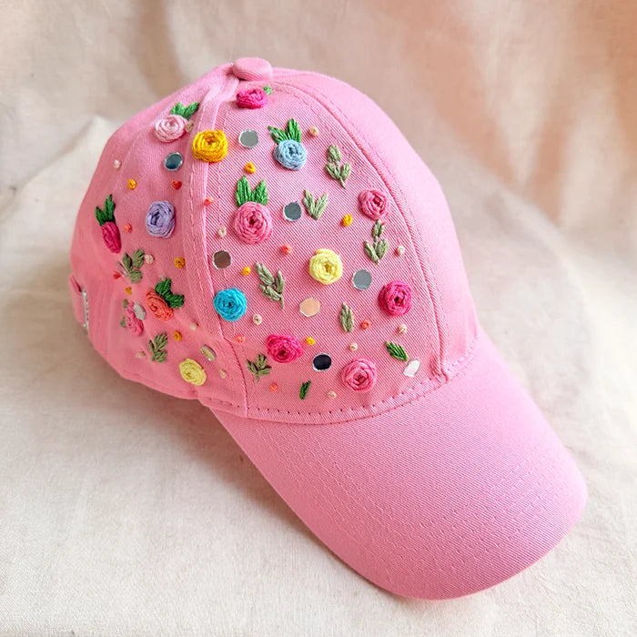 Mirror Magic Cap – Hand-Embroidered Floral Pink Cap with Mirror Work