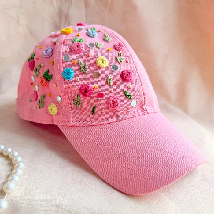 Mirror Magic Cap – Hand-Embroidered Floral Pink Cap with Mirror Work