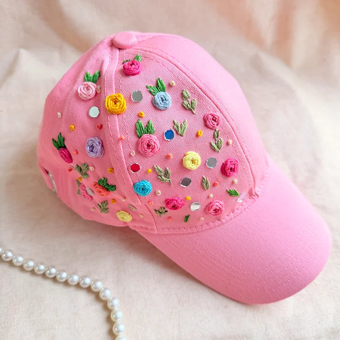 Mirror Magic Cap – Hand-Embroidered Floral Pink Cap with Mirror Work