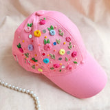 Mirror Magic Cap – Hand-Embroidered Floral Pink Cap with Mirror Work