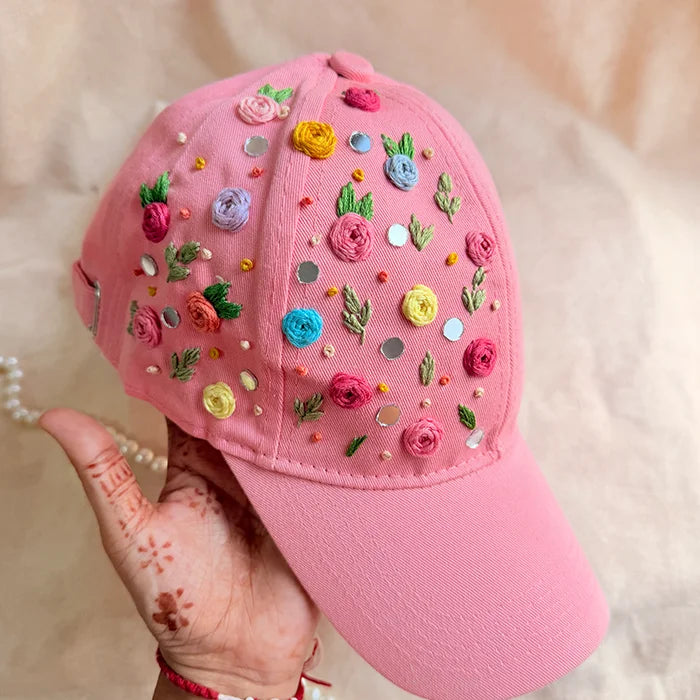 Mirror Magic Cap – Hand-Embroidered Floral Pink Cap with Mirror Work