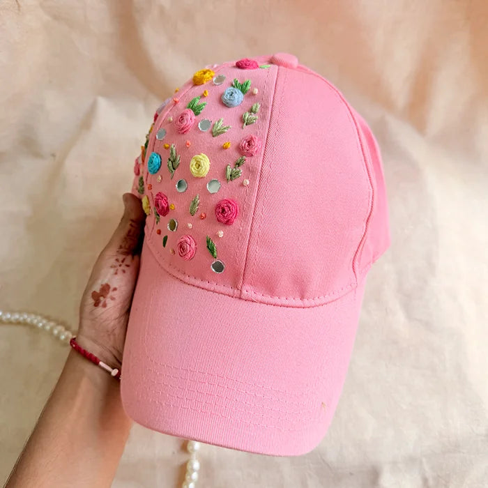Mirror Magic Cap – Hand-Embroidered Floral Pink Cap with Mirror Work