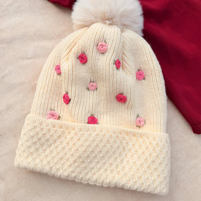 Pinkie Puff Winter Cap | Hand-Embroidered Winter Cap