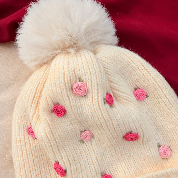 Pinkie Puff Winter Cap | Hand-Embroidered Winter Cap