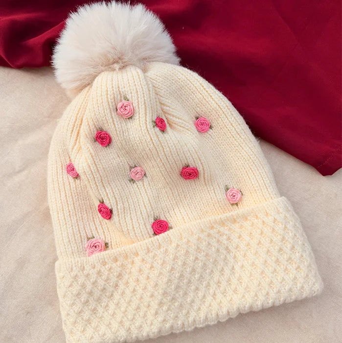 Pinkie Puff Winter Cap | Hand-Embroidered Winter Cap