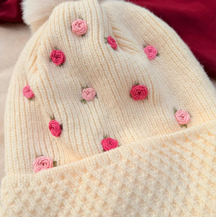 Pinkie Puff Winter Cap | Hand-Embroidered Winter Cap