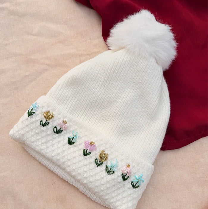 Winter Meadow Cap | Hand-Embroidered Floral Winter Cap