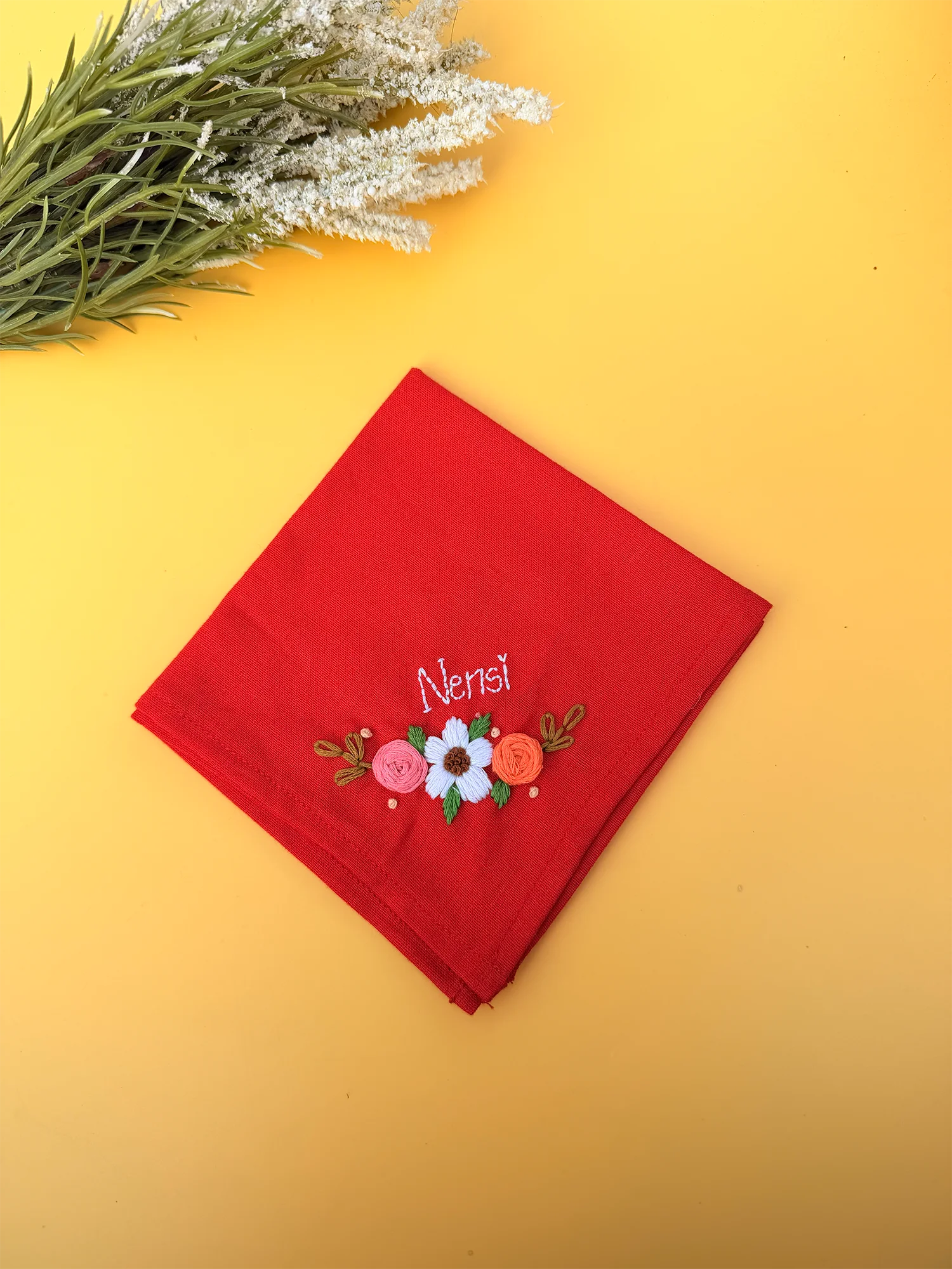 Red Petal Name Hankey – Hand Embroidered Personalised Gift