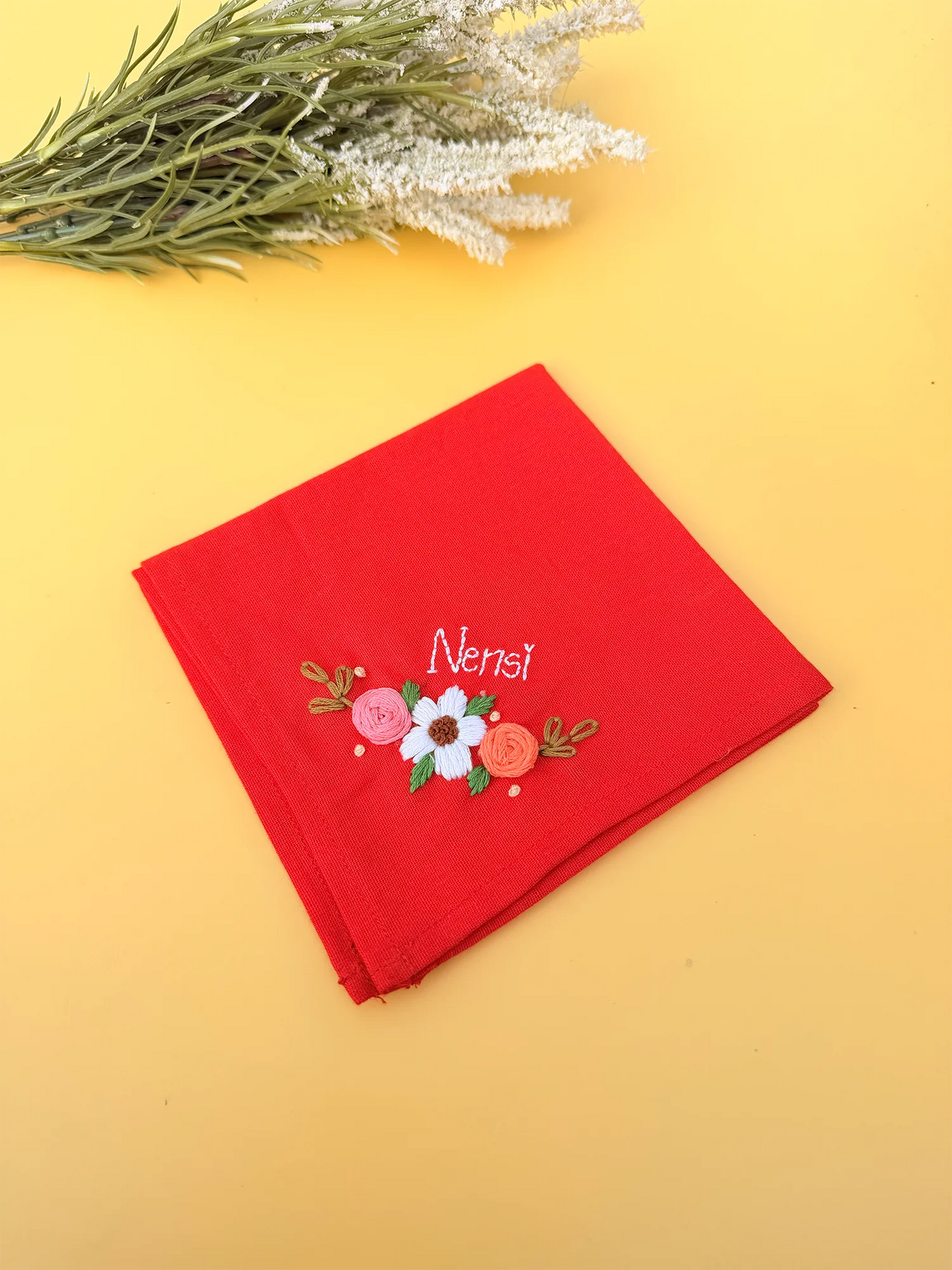 Red Petal Name Hankey – Hand Embroidered Personalised Gift