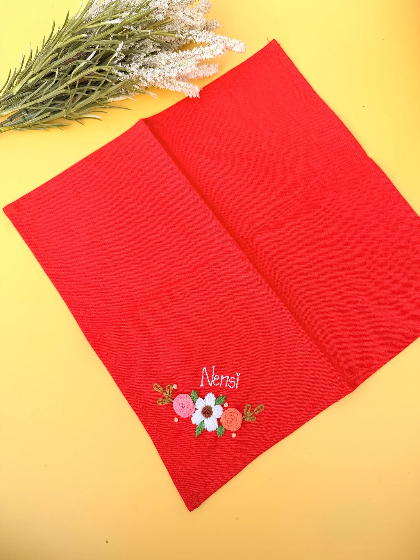 Red Petal Name Hankey – Hand Embroidered Personalised Gift