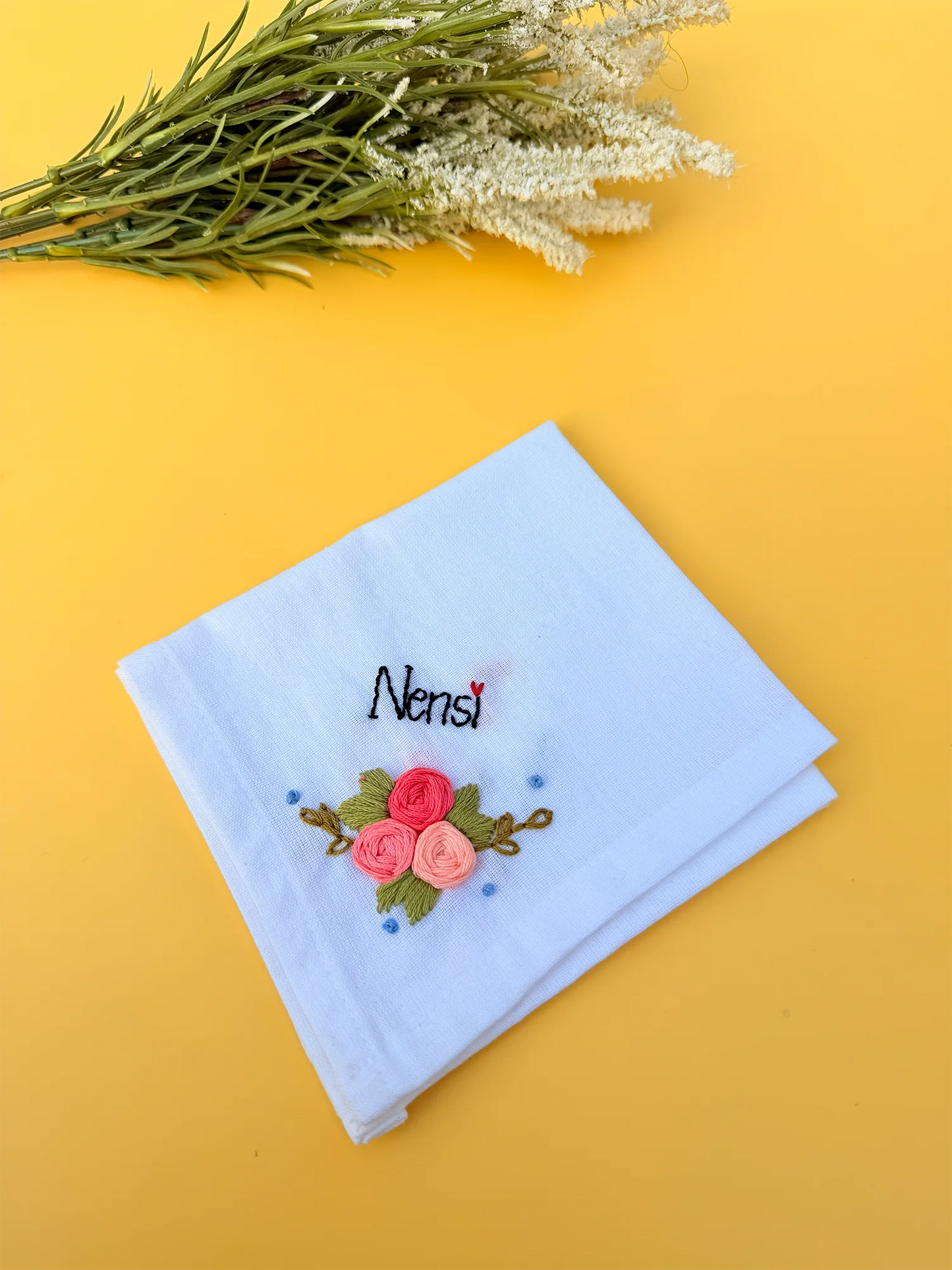 Trio Flower Sky Blue Name Hankey – Hand Embroidered Personalised Gift