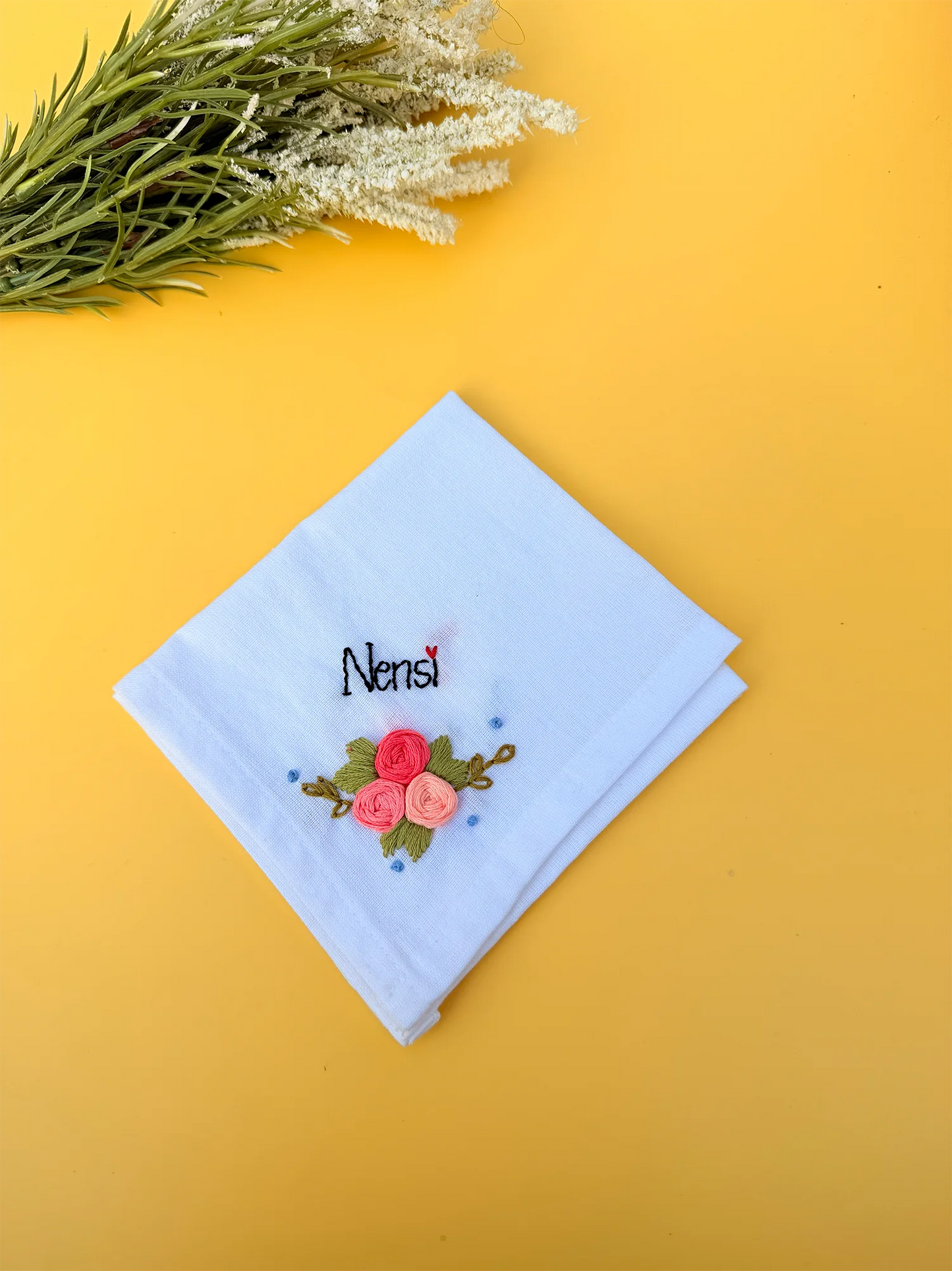 Trio Flower Sky Blue Name Hankey – Hand Embroidered Personalised Gift