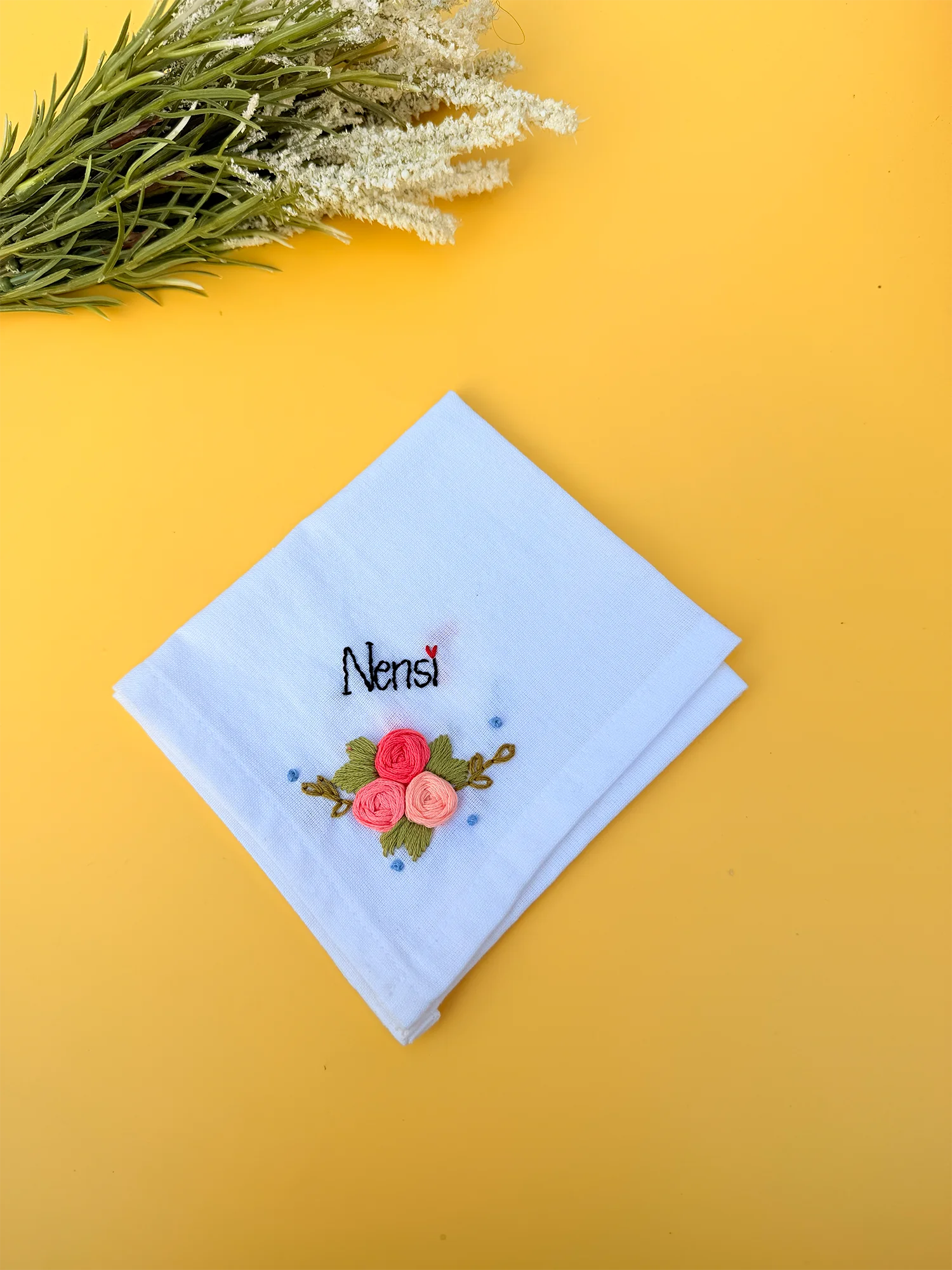 Trio Flower Sky Blue Name Hankey – Hand Embroidered Personalised Gift