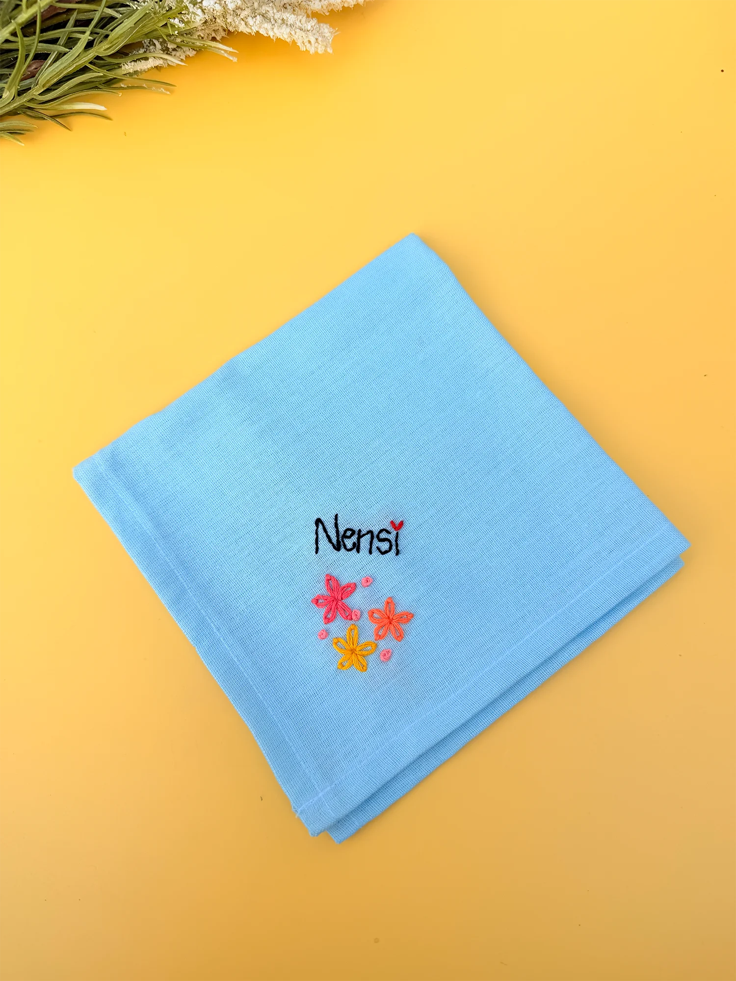 Trio Star Sky Blue Name Hankey – Hand Embroidered Personalised Gift