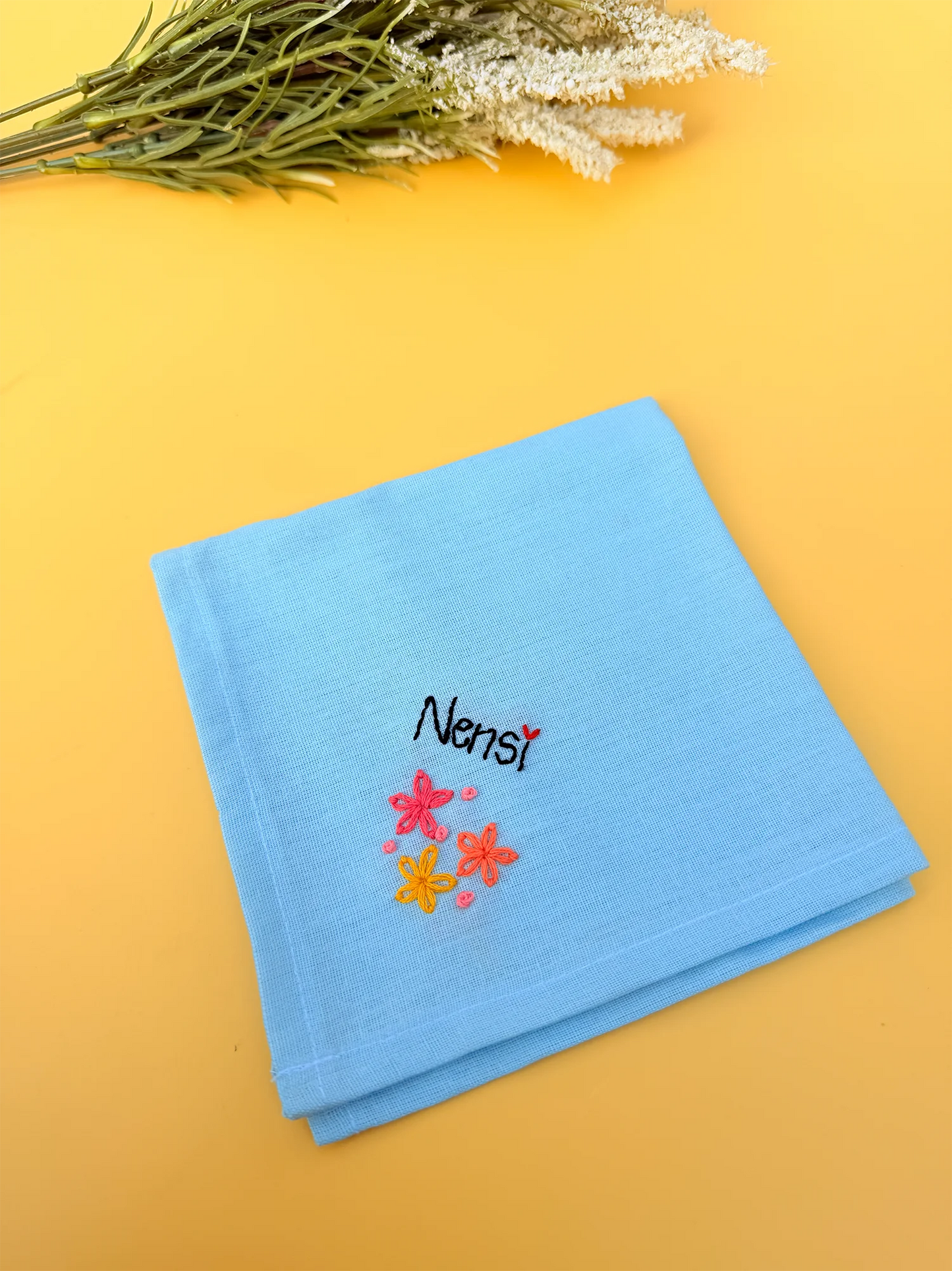 Trio Star Sky Blue Name Hankey – Hand Embroidered Personalised Gift