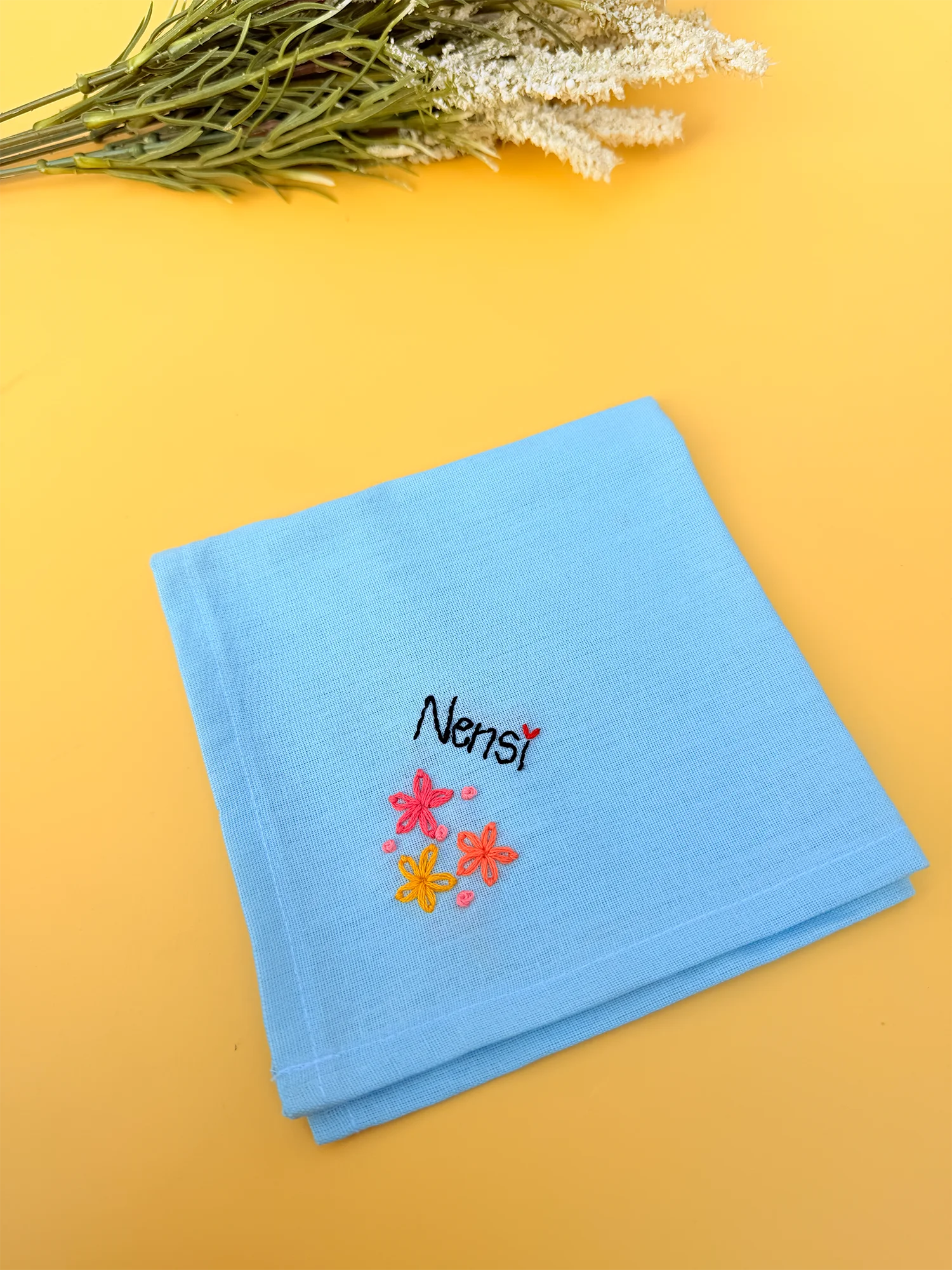 Trio Star Sky Blue Name Hankey – Hand Embroidered Personalised Gift