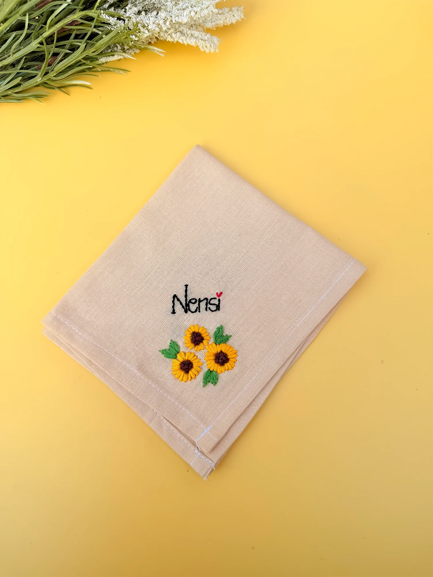 Sunflower Beige Name Hankey – Hand Embroidered Personalised Gift