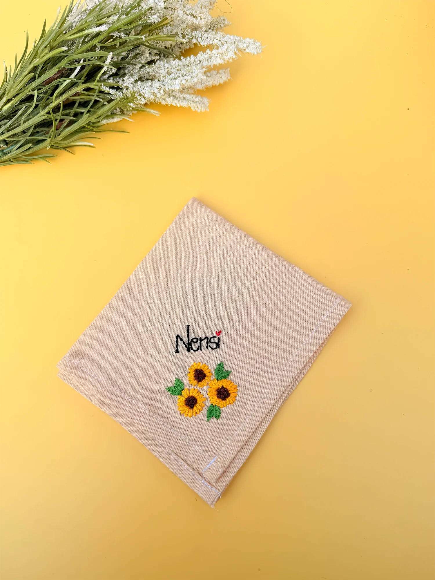 Sunflower Beige Name Hankey – Hand Embroidered Personalised Gift