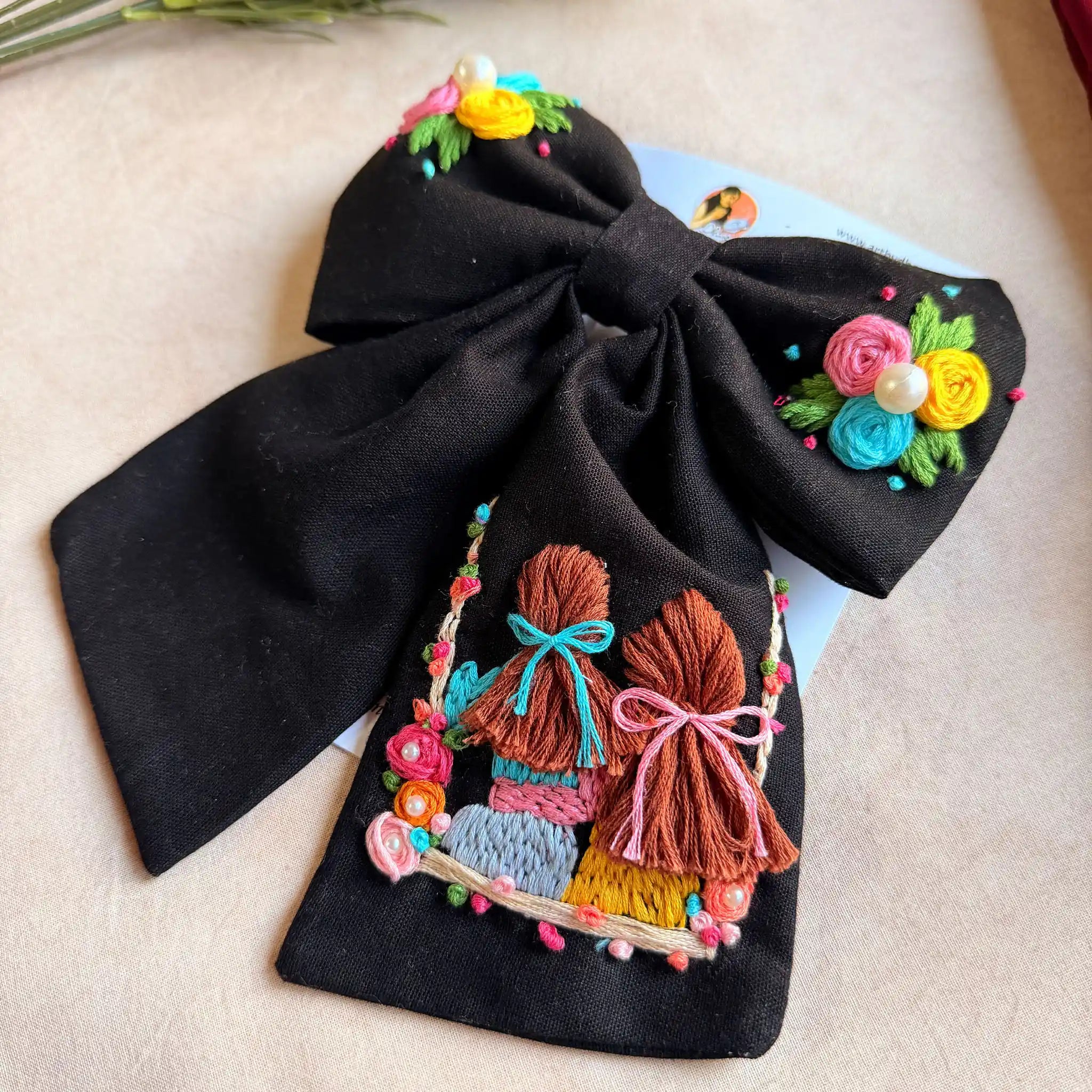 Saheli Black Bow – Hand Embroidered BFF Pearl Hair Bow