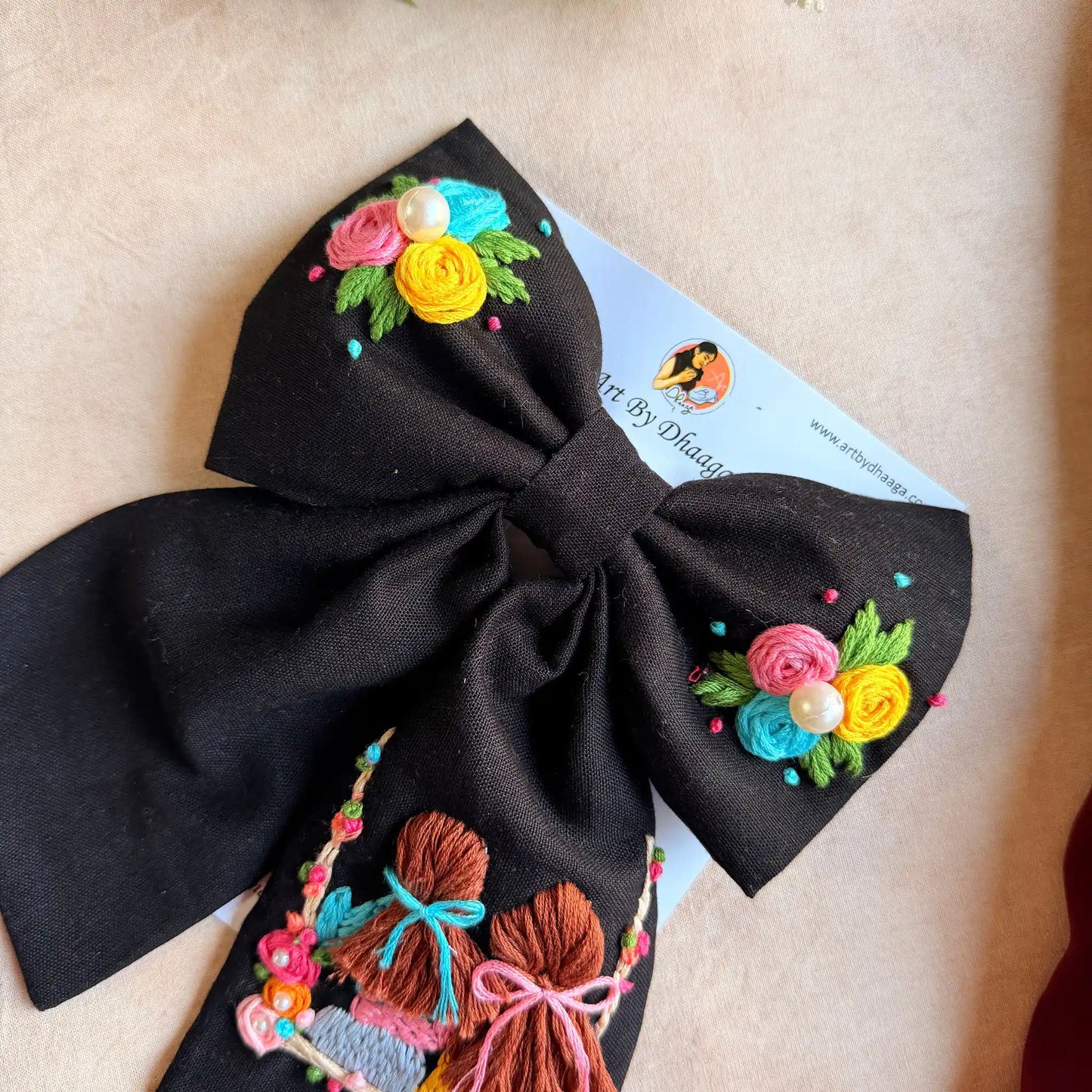 Saheli Black Bow – Hand Embroidered BFF Pearl Hair Bow