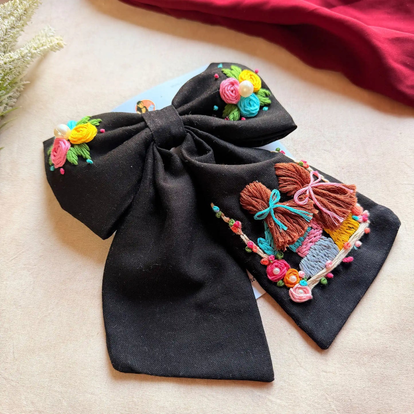 Saheli Black Bow – Hand Embroidered BFF Pearl Hair Bow