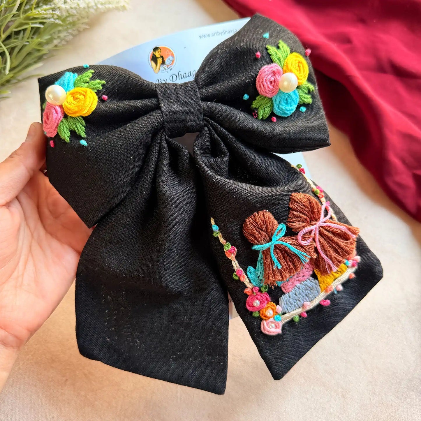 Saheli Black Bow – Hand Embroidered BFF Pearl Hair Bow