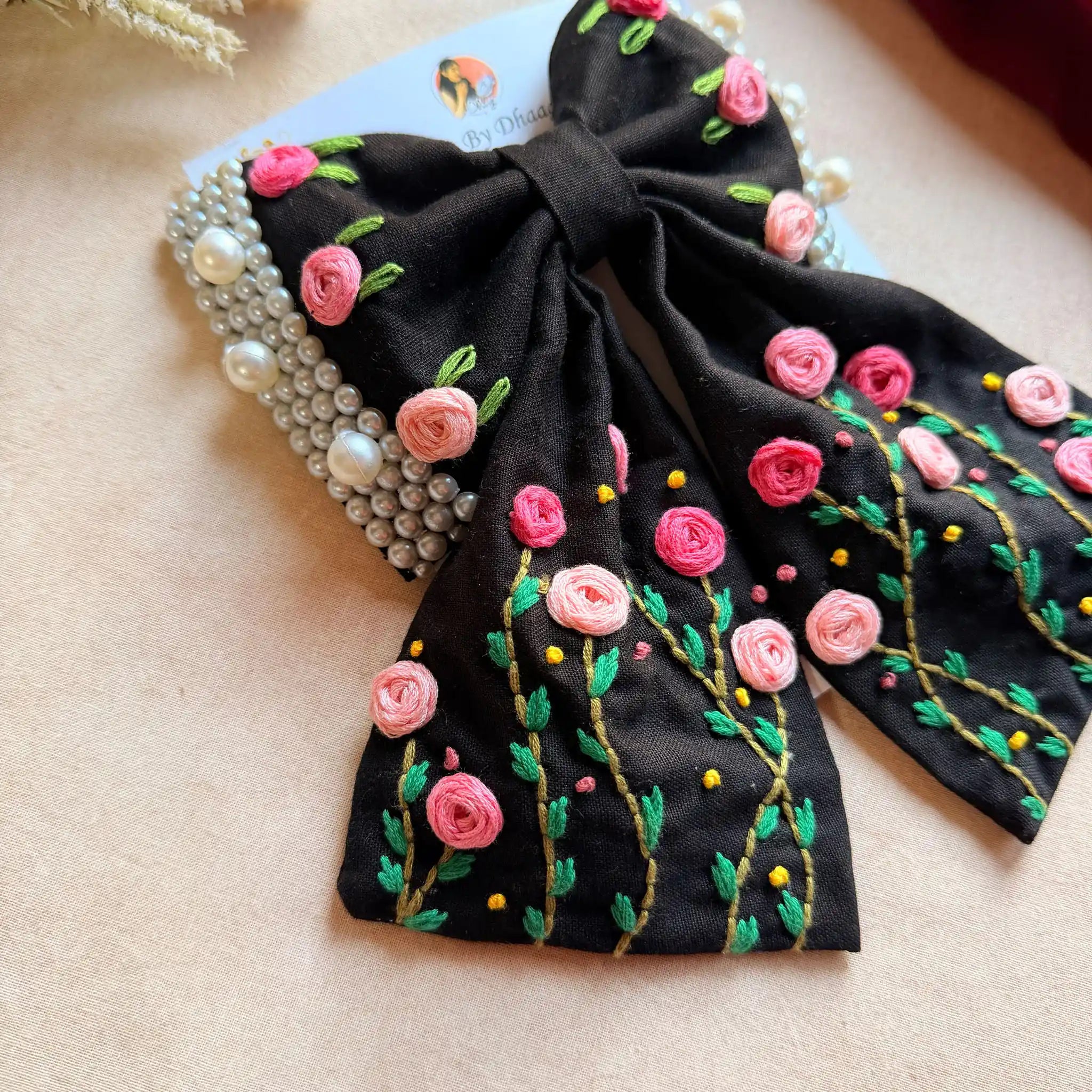 Apsara Black Bow – Hand Embroidered Floral Pearl Hair Bow