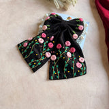 Apsara Black Bow – Hand Embroidered Floral Pearl Hair Bow